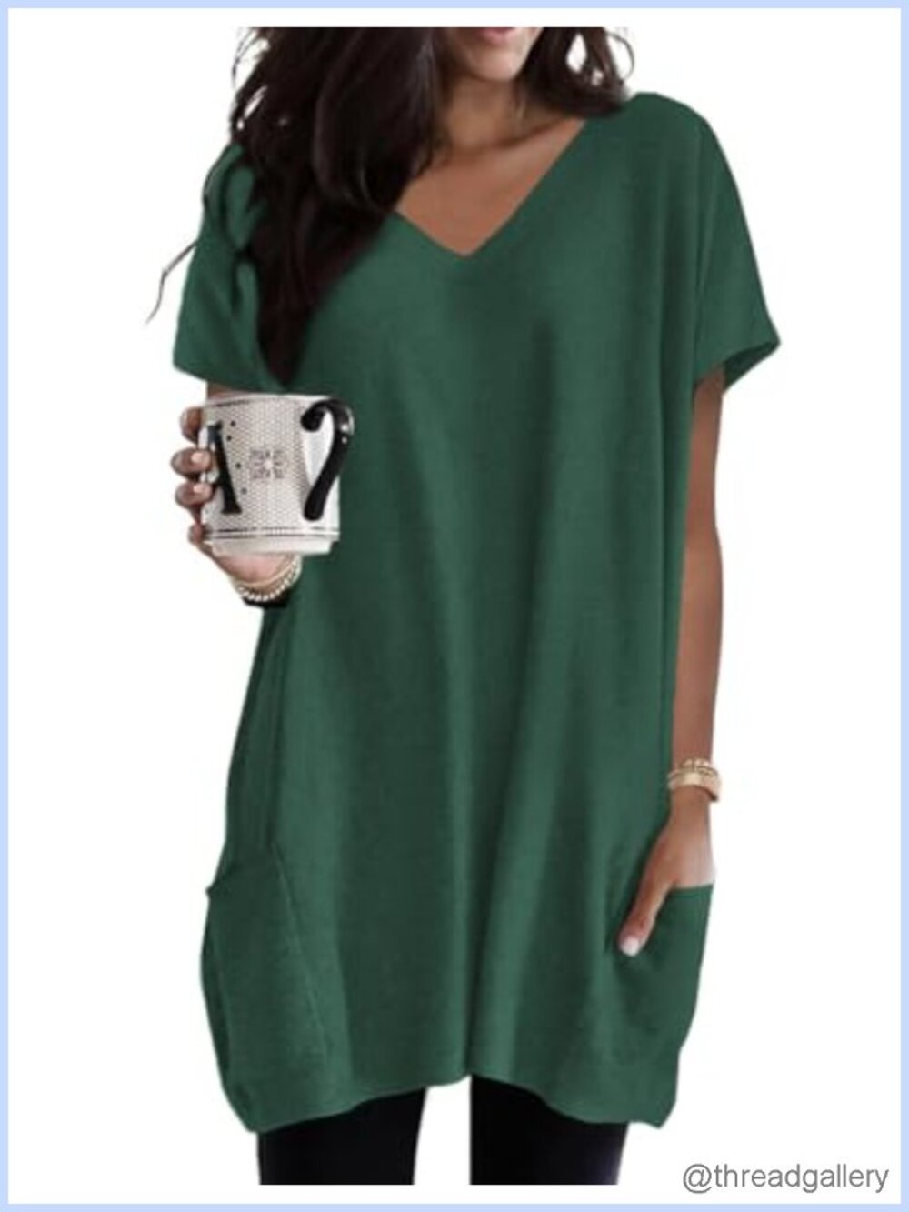 Poetsky V-Neck Tunic Top with Pockets Short Sleeve Casual Long